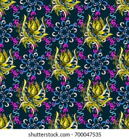 Elegance seamless pattern with ethnic flowers on colorful background. Vector Floral Illustration in cute textile.