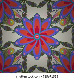 Elegance seamless pattern with ethnic flowers on beige, violet and green background. Vector Floral Illustration in nice textile.