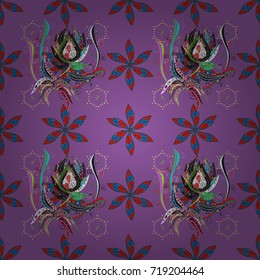 Elegance seamless pattern with ethnic flowers on purple, gray and blue colors. Vector Floral Illustration in cute textile.