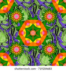Elegance seamless pattern with ethnic flowers on green, orange and black colors. Vector Floral Illustration in cute textile.