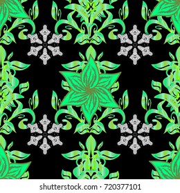 Elegance seamless pattern with ethnic flowers on black, green and blue colors. Vector Floral Illustration in asian textile.