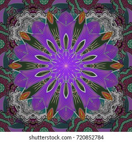 Elegance seamless pattern with ethnic flowers on violet, green and blue colors. Vector Floral Illustration in cute textile.