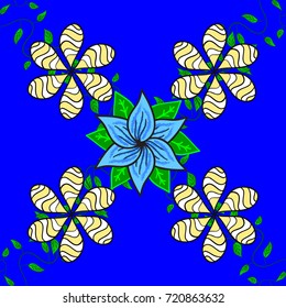 Elegance seamless pattern with ethnic flowers on blue, yellow and green colors. Vector Floral Illustration in nice textile.