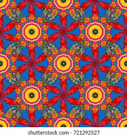 Elegance seamless pattern with ethnic flowers on blue, red and yellow colors. Vector Floral Illustration in nice textile.