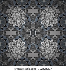 Elegance seamless pattern with ethnic flowers on gray, neutral and white colors. Vector Floral Illustration in asian textile.