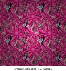 Elegance seamless pattern with ethnic flowers on pink, magenta and purple colors. Vector Floral Illustration in cute textile.