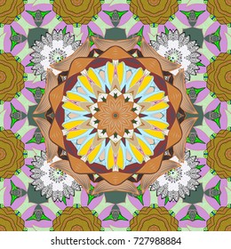 Elegance seamless pattern with ethnic flowers on green, neutral and brown colors. Vector Floral Illustration in asian textile.