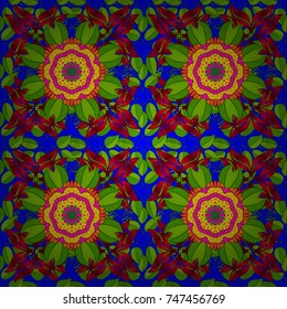 Elegance seamless pattern with ethnic flowers on green, red and blue colors. Vector Floral Illustration in nice textile.