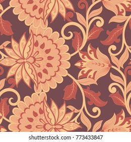 elegance seamless pattern with ethnic flowers and leaf, vector floral illustration in vintage style