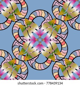 Elegance seamless pattern with ethnic flowers on blue, neutral and black colors. Vector Floral Illustration in nice textile.