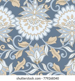 elegance seamless pattern with ethnic flowers and leaf, vector floral illustration in vintage style