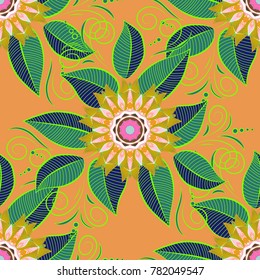 Elegance seamless pattern with ethnic flowers on orange, blue and green colors. Vector Floral Illustration in cute textile.