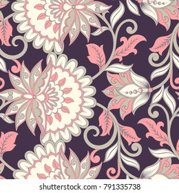 elegance seamless pattern with ethnic flowers and leaf, vector floral illustration in vintage style