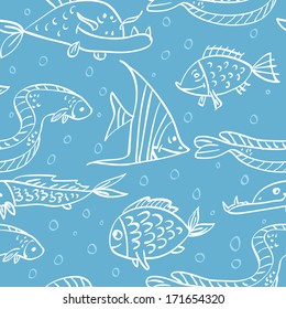 Elegance Seamless pattern with fish in the sea, vector ornament illustration in vintage style