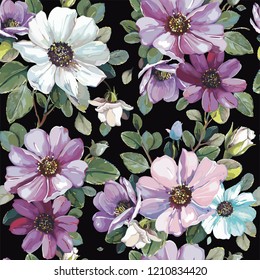 Elegance seamless pattern with flowers cosmos. Bouquet of wildflower aster in a watercolor style. Vector garden cosmos bipinnatus. Realistic vector illustration