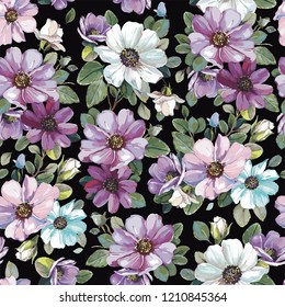 Elegance seamless pattern with flowers cosmos. Bouquet of wildflower aster in a watercolor style. Vector garden cosmos bipinnatus. Realistic vector illustration