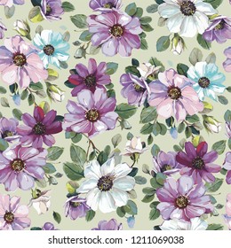 Elegance seamless pattern and flowers cosmos  Bouquet wildflower aster in watercolor style  Vector garden cosmos bipinnatus  Realistic vector illustration