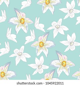 Elegance Seamless pattern with flowers narcissus on spring background, vector illustration. Hand drawn illustration. Spring flowers. Mint backdrop.