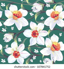 Elegance Seamless pattern with flowers narcissus and iris, vector floral illustration in vintage style