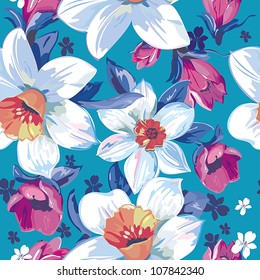 Elegance Seamless pattern with flowers narcissus on blue background, vector floral illustration in modern style