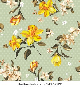 Elegance Seamless pattern with flowers narcissus, vector floral illustration in vintage style