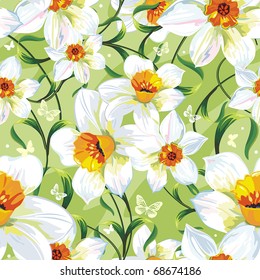 Elegance Seamless pattern with flowers narcissus on spring background, vector illustration