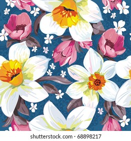 Elegance Seamless pattern with flowers narcissus on blue background, vector illustration