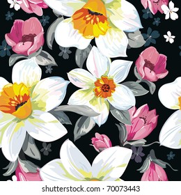 Elegance Seamless pattern with flowers narcissus on black background, vector floral illustration in modern style