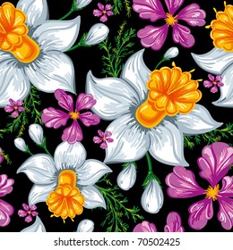 Elegance Seamless pattern with flowers narcissus and iris on black background, vector floral illustration in classic style