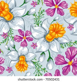 Elegance Seamless pattern with flowers narcissus and iris, vector floral illustration in classic style