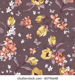Elegance Seamless pattern with of flowers on brown background, floral vector illustration
