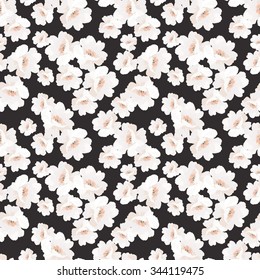 Elegance Seamless pattern with flowers rose hip on black background, vector floral illustration