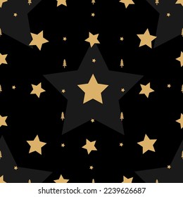 Elegance seamless pattern with gold stars on the black background. Vector illustration for winter holidays. 