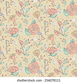 Elegance seamless pattern with hand drawn flowers. Abstract flowers texture for your design. Vector illustration.