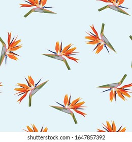 Elegantes, nahtloses Muster im Vintage-Stil mit Strelitzia-Blumen.  Exotische Pflanzen. Blumendesign für den Sommer am Strand. Paradies Natur.