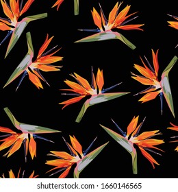 Elegance seamless pattern in vintage style with Strelitzia flowers.  Exotic plants. Summer beach floral design. Paradise nature. Black backdrop.