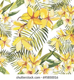 Elegance seamless pattern in vintage style with Plumeria flowers.