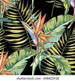 Elegance seamless pattern in vintage style with Strelitzia flowers. EPS 10