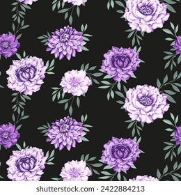 Elegancia sin fisuras con flores violetas y ramas pequeñas ligeramente verdes. Ilustración vectorial estilizada peonías dahlias. Resumen artístico colorido floral sobre un fondo negro oscuro. 