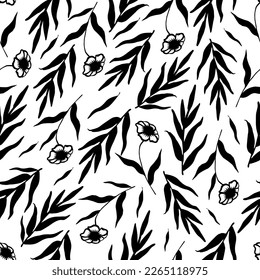 Elegance seamless pattern with wildflowers and branches. Black and white. Hand drawn elements. Cozy home interior. Vector illustration in a casual style.