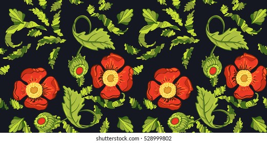 Elegance Seamless red color flowers pattern on black background, vector illustration