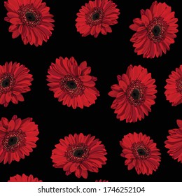 Elegance seamless red color Gerbera pattern on black background.