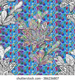 Elegance Seamless wallpaper pattern with of doodles flowers on blue leaves background, vector illustration