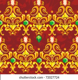 Elegancia Patrón de papel de pared sin costura con elementos de decoración dorada sobre fondo floral, ilustración vectorial.
