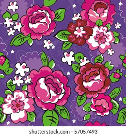 Elegance Seamless wallpaper pattern with of pink roses on violet floral background, vector illustration