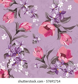 Elegance Seamless wallpaper pattern with of pink flowers on violet background, floral vector illustration