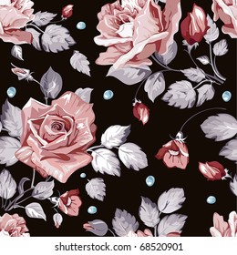 Elegance Seamless wallpaper pattern with of pink roses on black background, floral vector illustration