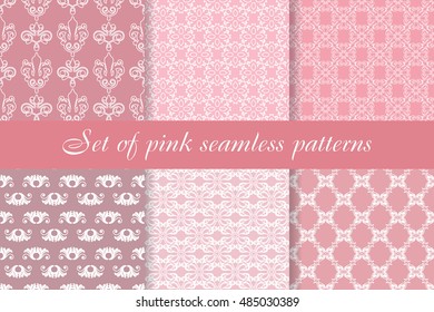 Elegance set of tender stylish pink seamless patterns backgrounds wallpaper illustration with vintage baroque decorative  ornaments.Vector seamless patterns