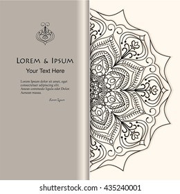 elegance silver card with black lace ornament, mandala, for greeting, invitation card, or cover. Vector illustration
