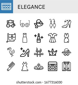 elegance simple icons set. Contains such icons as Bracelet, Carriage, Glasses, Pamela, Earrings, High heels, Hand bag, Dress, Lipstick, Flamingo, can be used for web, mobile and logo